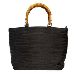 Gucci Vintage Bamboo Top-Handle Black Tiered Nylon Leather Trim Shopper Tote Bag